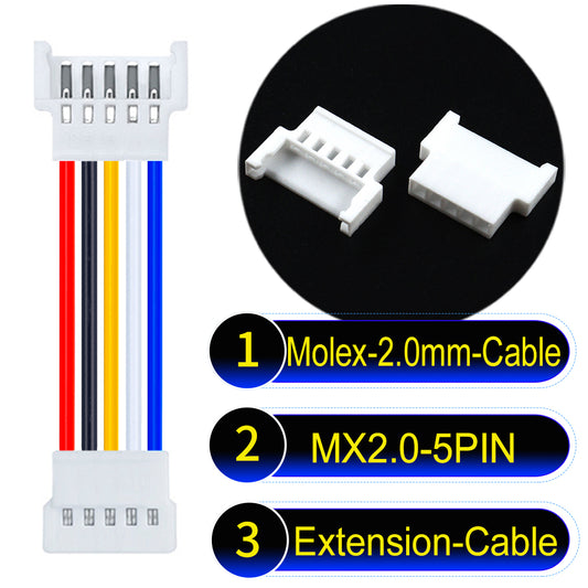 Molex 2.0mm 5Pin maleMale Female Extension Cable, 22AWG UL1007 PVC, durable and compatible with various applications.