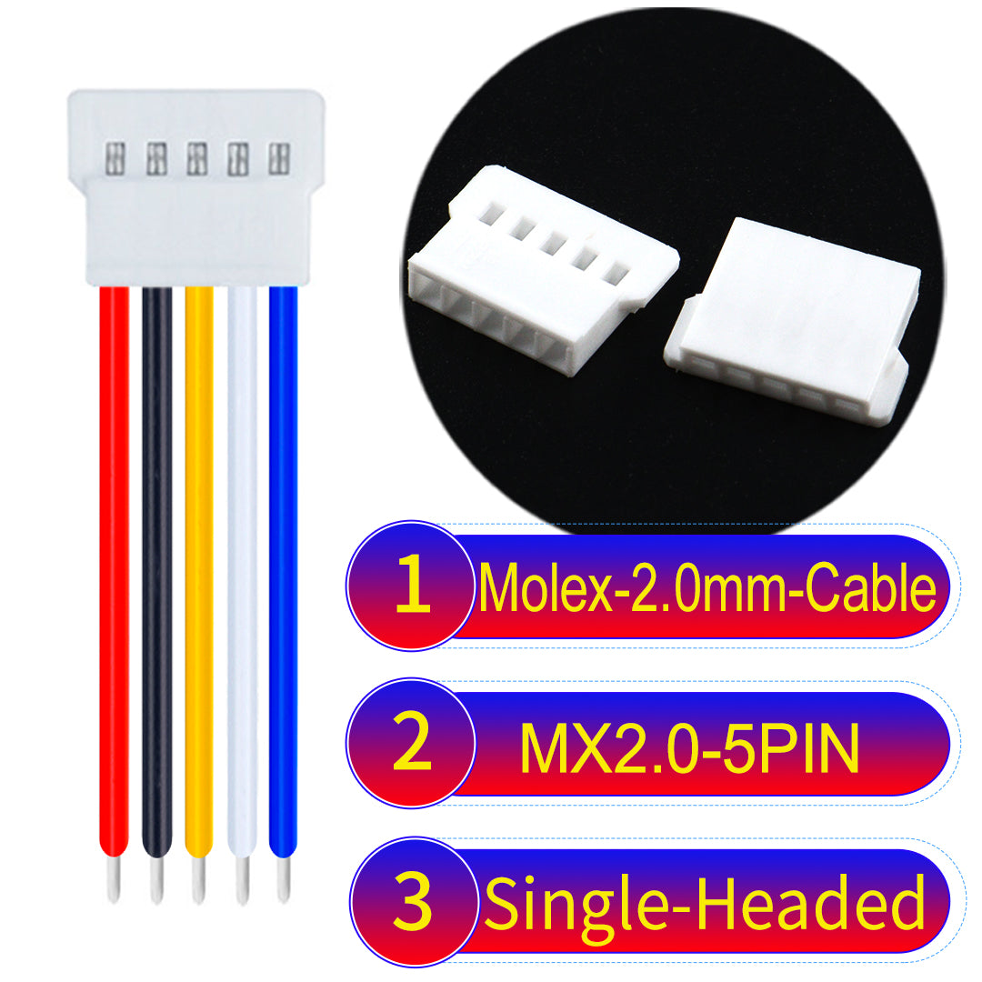 Molex 2.0mm 5Pin single-headed cable, 22AWG UL1007 PVC, durable and compatible with various applications.