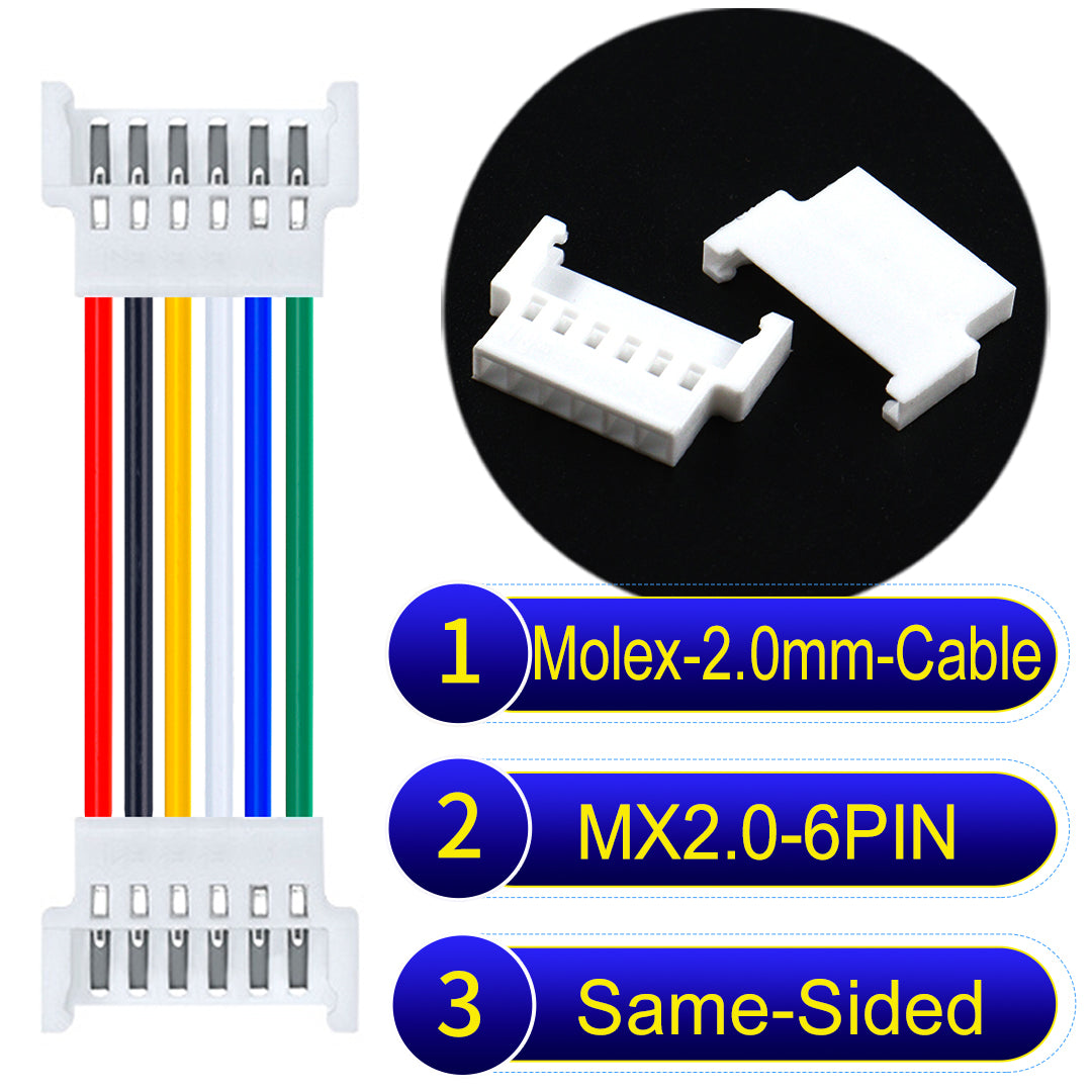 Molex 2.0mm 6Pin Female Same-Side-Head cable, 22AWG UL1007 PVC, durable and compatible with various applications.