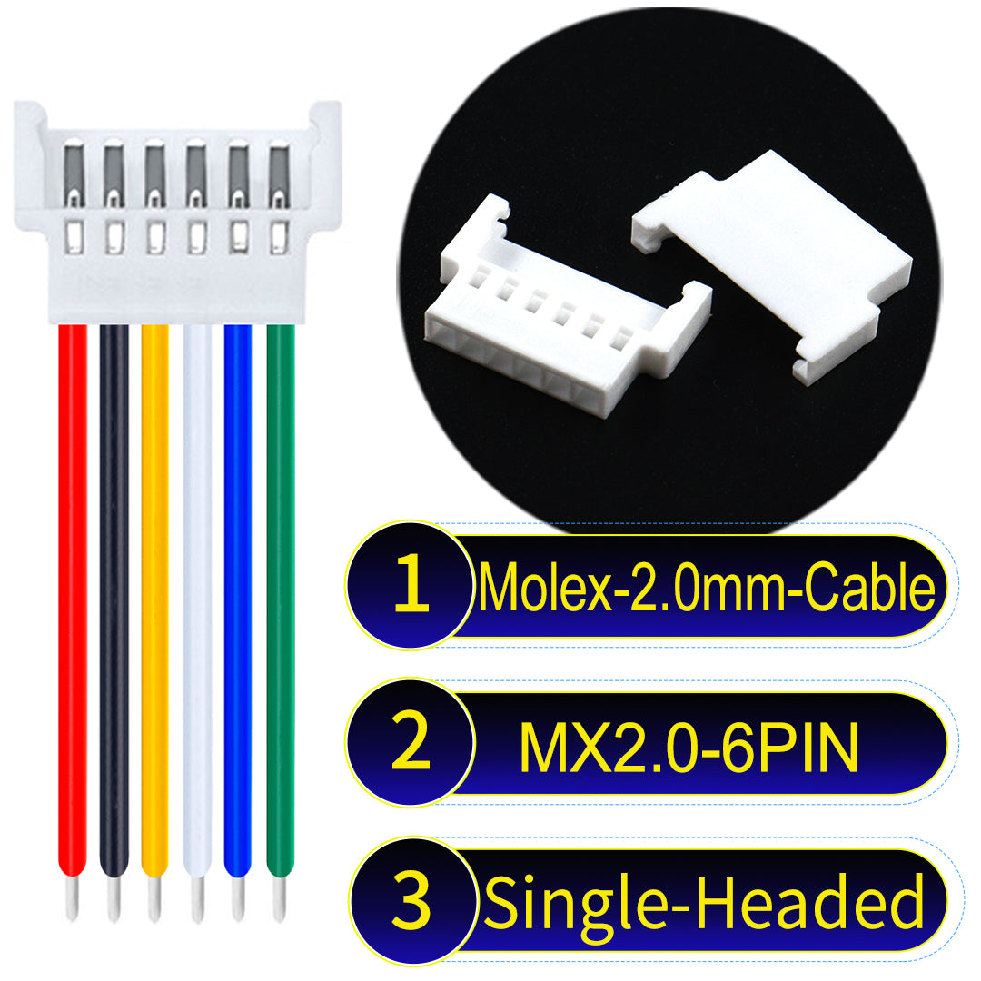 Molex 2.0mm 6Pin Female single-headed cable, 22AWG UL1007 PVC, durable and compatible with various applications.