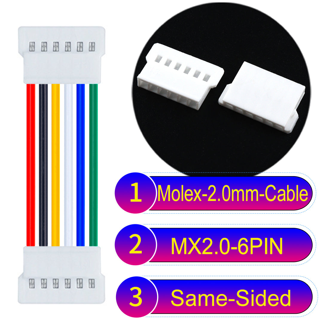 Molex 2.0mm 6Pin male Same-Side-Head cable, 22AWG UL1007 PVC, durable and compatible with various applications.