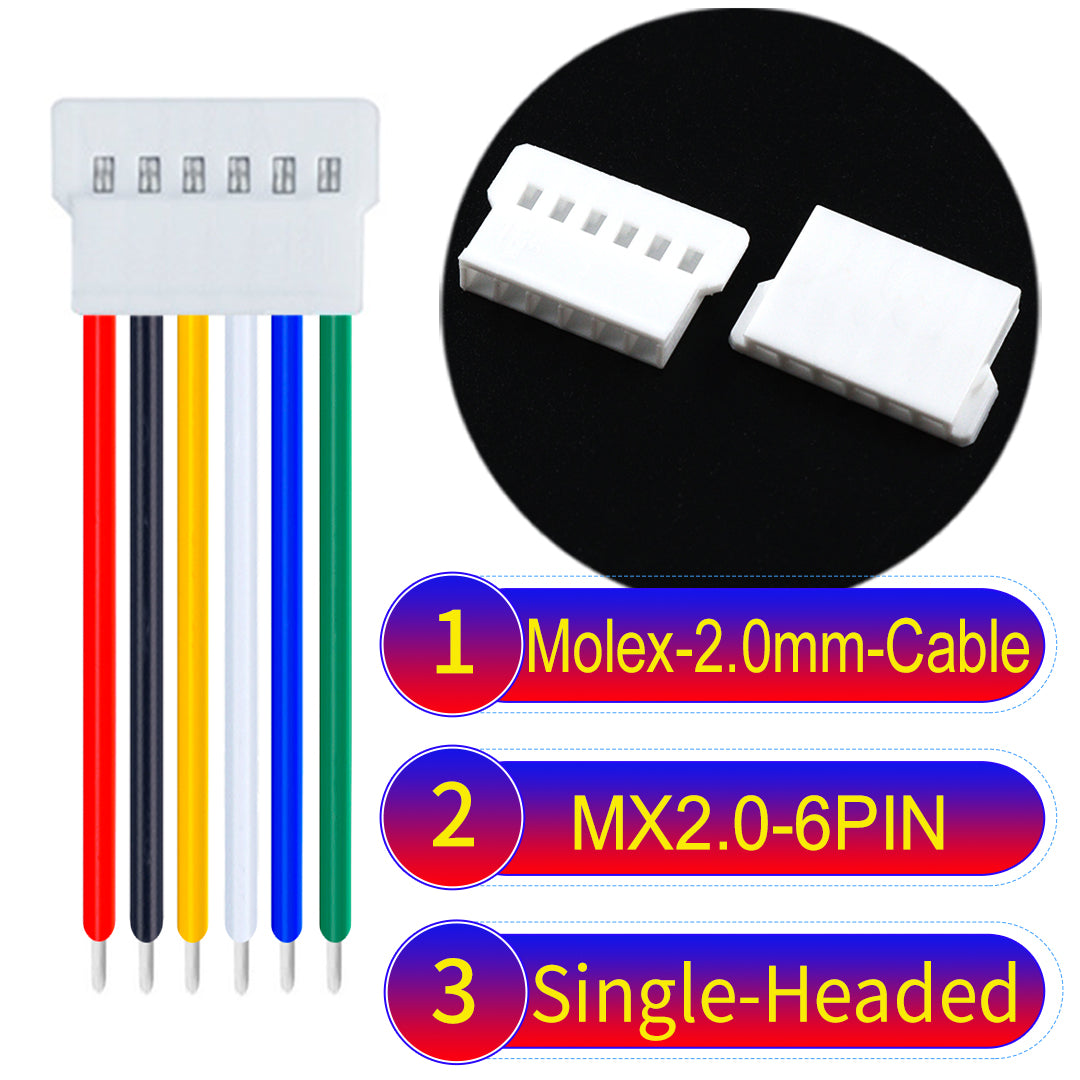 Molex 2.0mm 6Pin single-headed cable, 22AWG UL1007 PVC, durable and compatible with various applications.