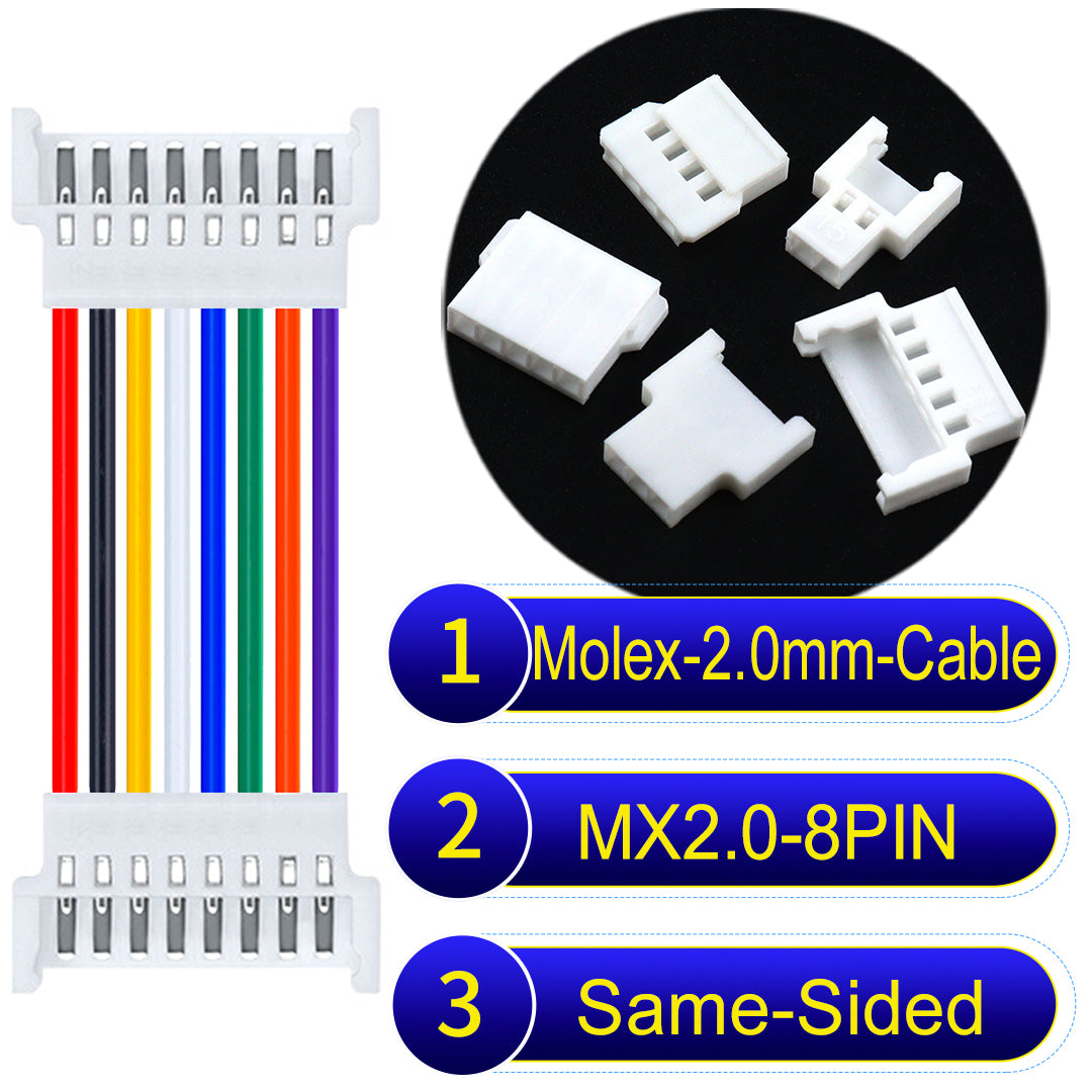 Molex 2.0mm 8Pin Female Same-Side-Head cable, 22AWG UL1007 PVC, durable and compatible with various applications.