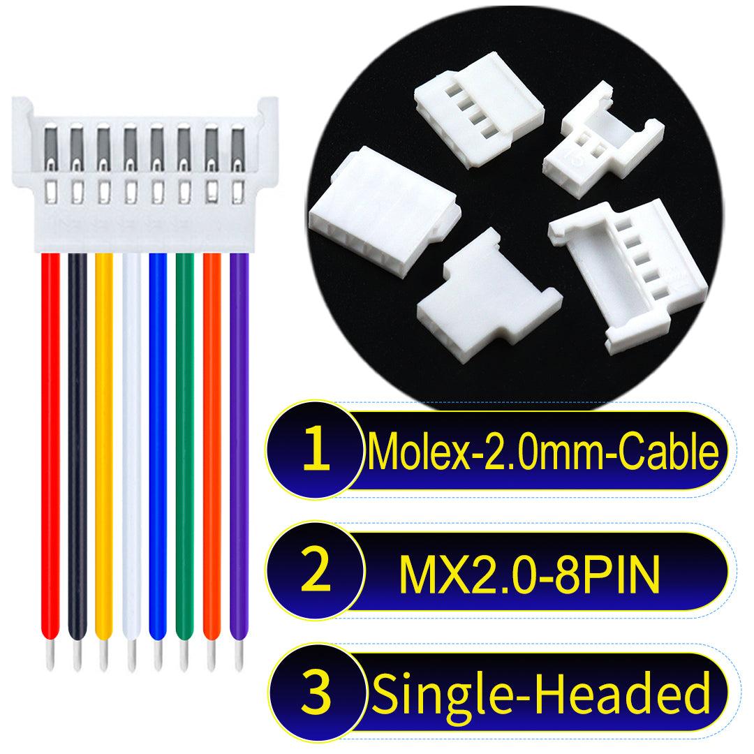 Molex 2.0mm 8Pin Female single-headed cable, 22AWG UL1007 PVC, durable and compatible with various applications.
