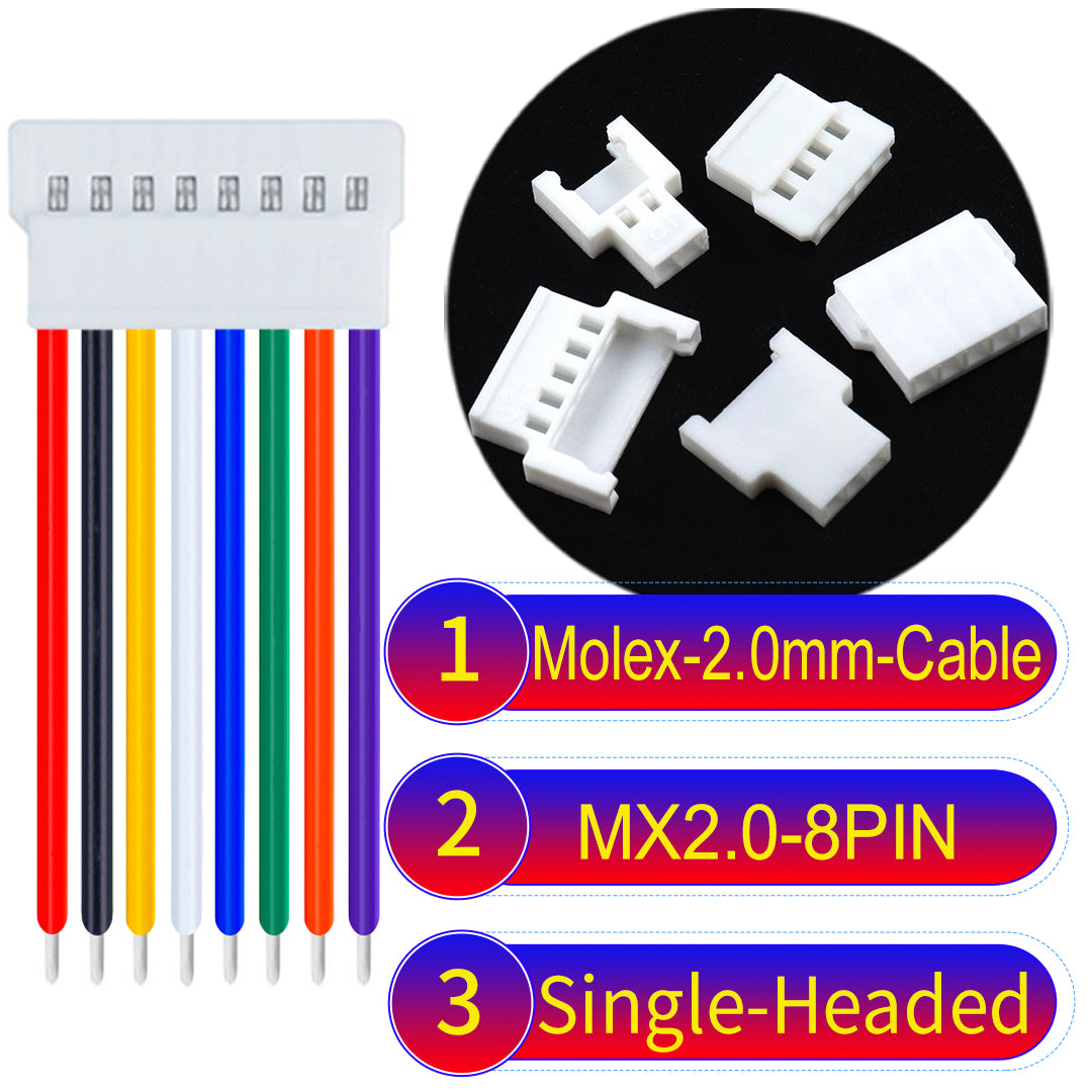 Molex 2.0mm 8Pin single-headed cable, 22AWG UL1007 PVC, durable and compatible with various applications.