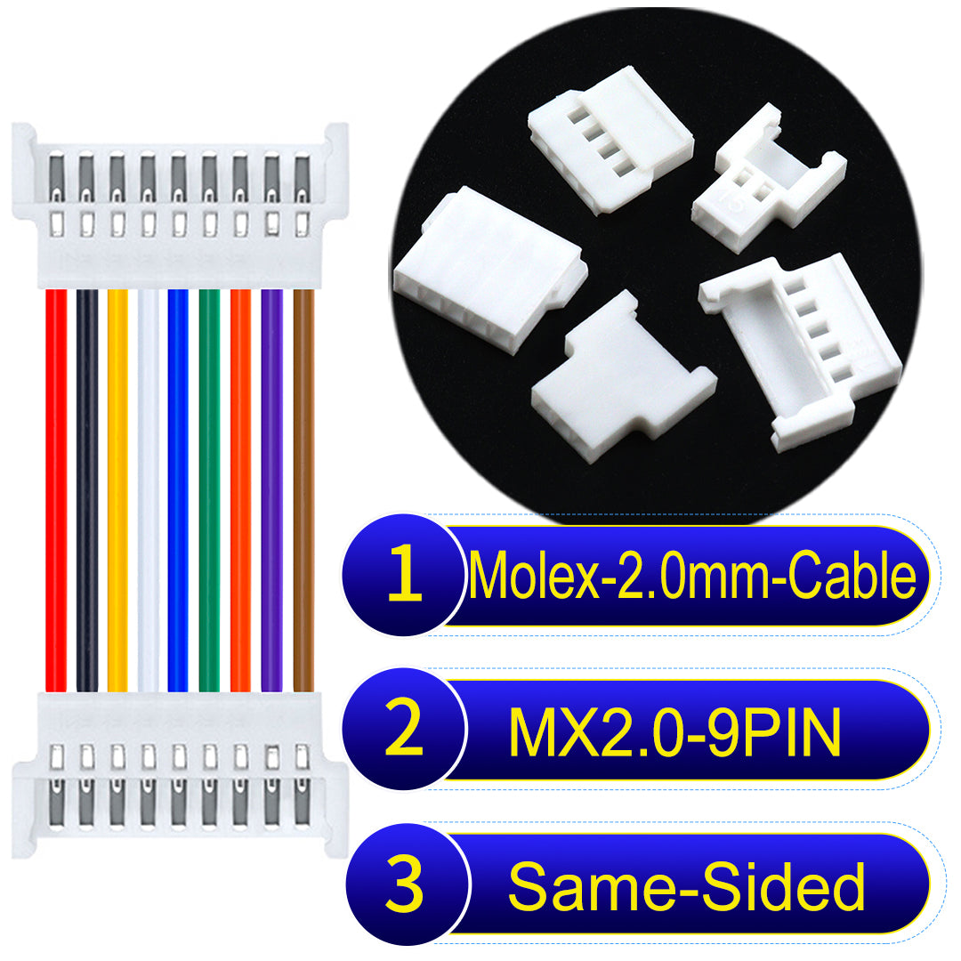 Molex 2.0mm 9Pin Female Same-Side-Head cable, 22AWG UL1007 PVC, durable and compatible with various applications.