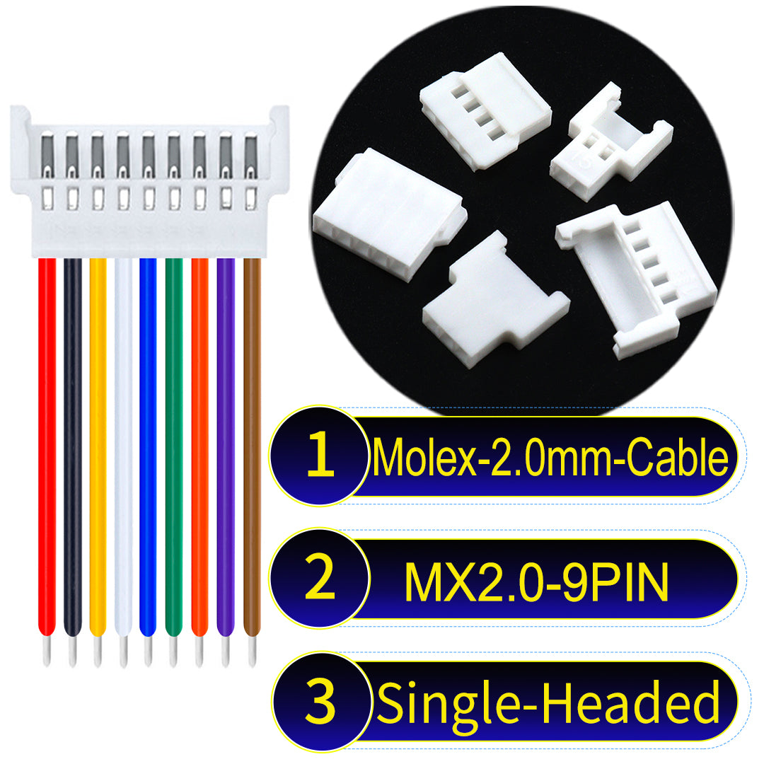 Molex 2.0mm 9Pin Female single-headed cable, 22AWG UL1007 PVC, durable and compatible with various applications.