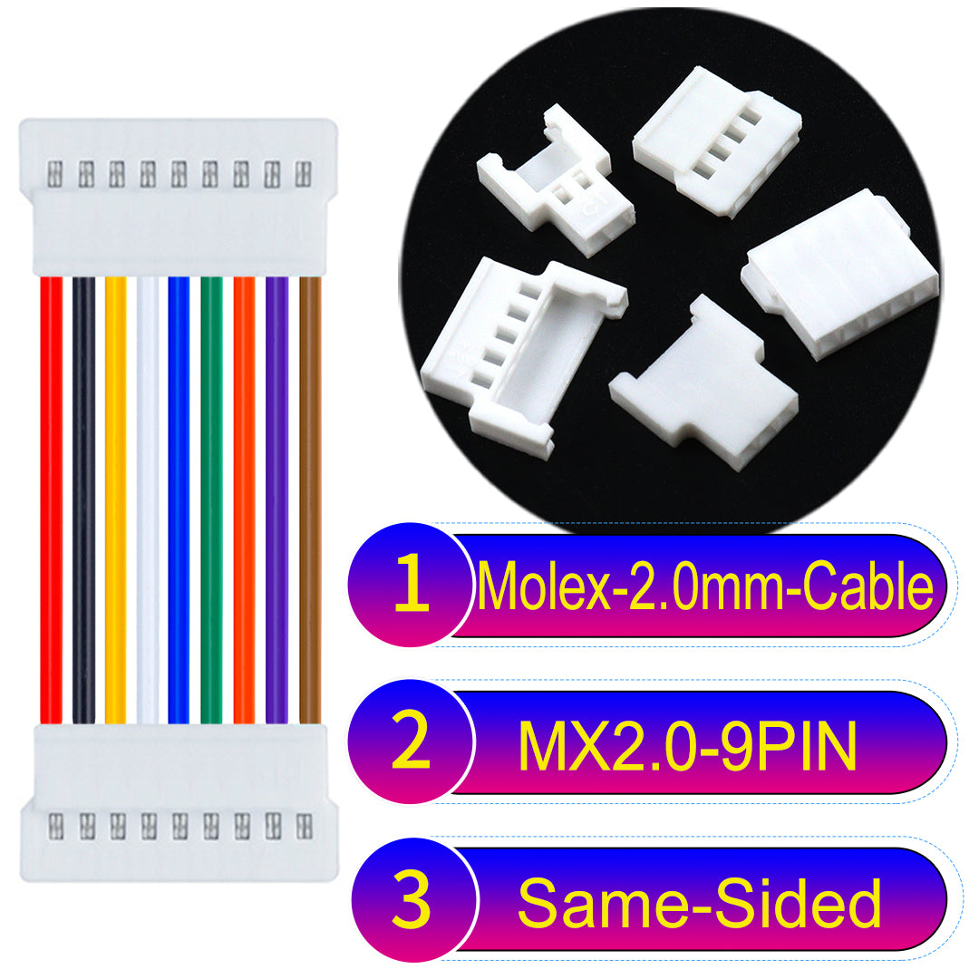 Molex 2.0mm 9Pin male Same-Side-Head cable, 22AWG UL1007 PVC, durable and compatible with various applications.