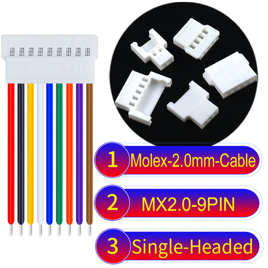 Molex 2.0mm 9Pin single-headed cable, 22AWG UL1007 PVC, durable and compatible with various applications.