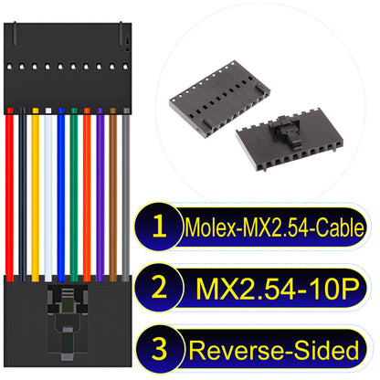 Molex MX2.54 2.54mm 10Pin Reverse-Side-Head cable, featuring a locking mechanism, 22AWG copper wire, and UL1007 PVC insulation for secure connections.