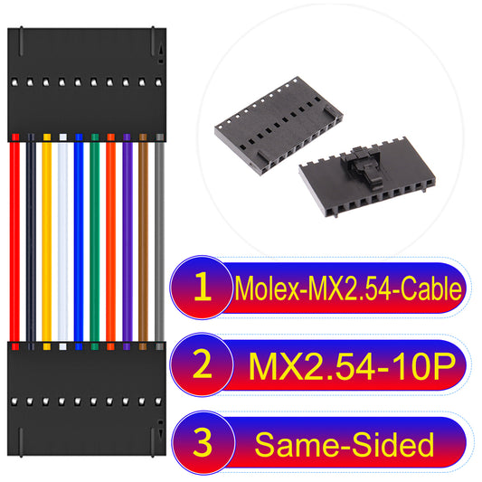 Molex MX2.54 2.54mm 10Pin Same-Side-Head cable, featuring a locking mechanism, 22AWG copper wire, and UL1007 PVC insulation for secure connections.