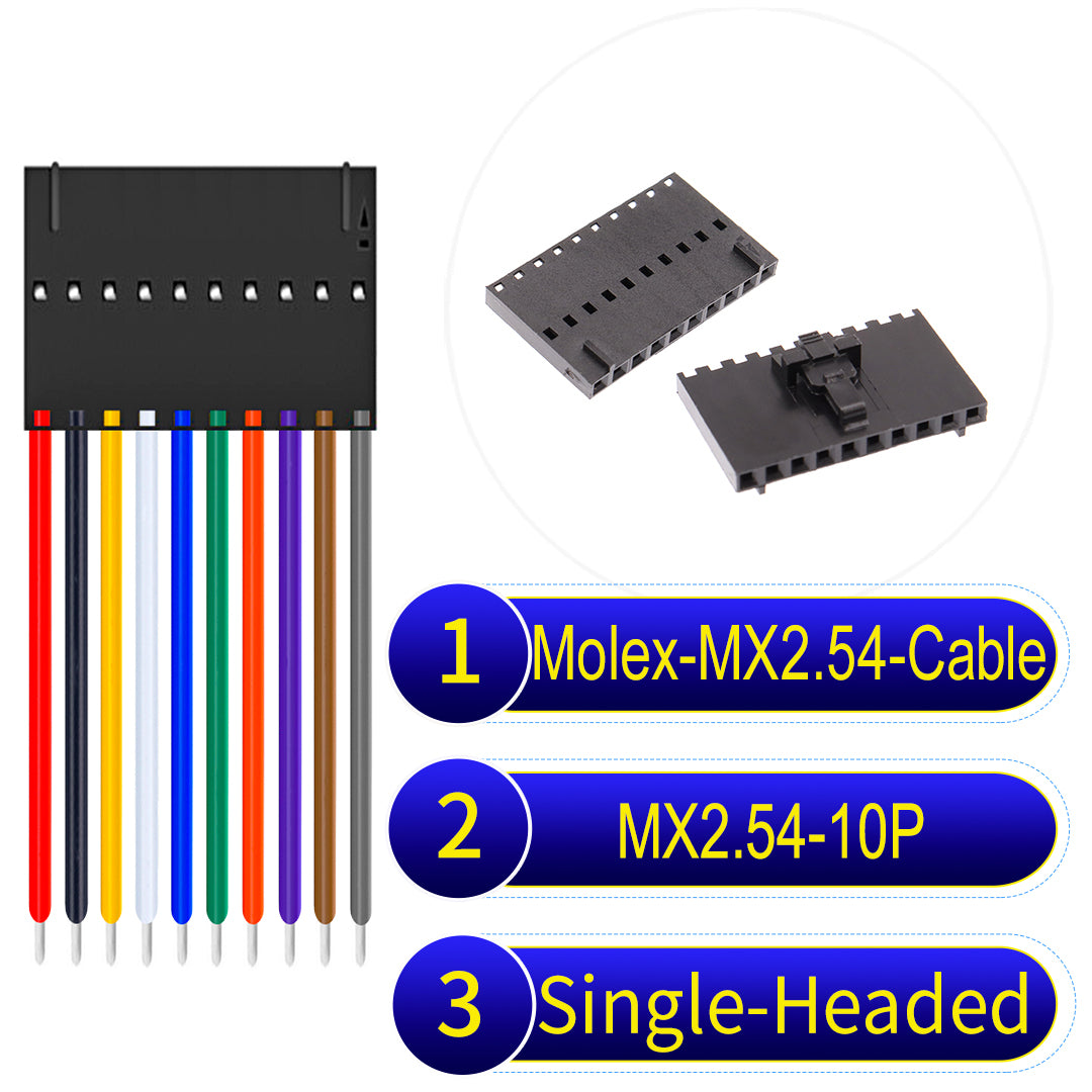 Molex MX2.54 2.54mm 10Pin Single-Headed cable, 22AWG copper wire, UL1007 PVC insulation, perfect for secure connections in electronics and industrial use.
