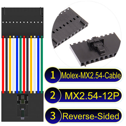Molex MX2.54 2.54mm 12Pin Reverse-Side-Head cable, featuring a locking mechanism, 22AWG copper wire, and UL1007 PVC insulation for secure connections.