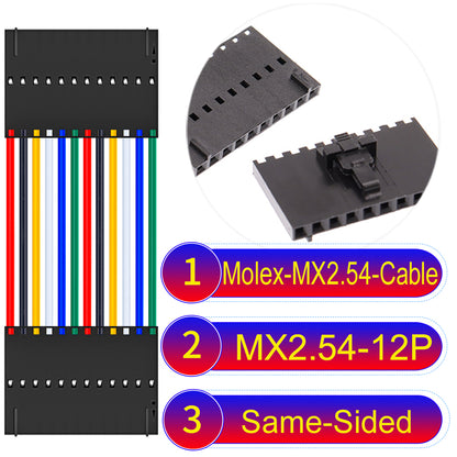 Molex MX2.54 2.54mm 12Pin Same-Side-Head cable, featuring a locking mechanism, 22AWG copper wire, and UL1007 PVC insulation for secure connections.