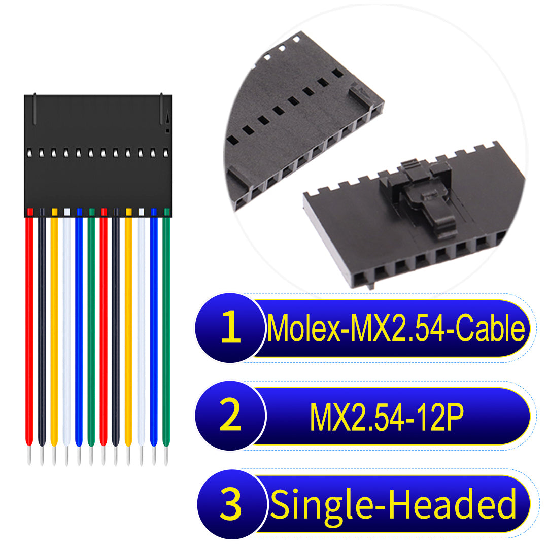 Molex MX2.54 2.54mm 12Pin Single-Headed cable, 22AWG copper wire, UL1007 PVC insulation, perfect for secure connections in electronics and industrial use.