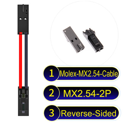 Molex MX2.54 2.54mm 2Pin Reverse-Side-Head cable, featuring a locking mechanism, 22AWG copper wire, and UL1007 PVC insulation for secure connections.