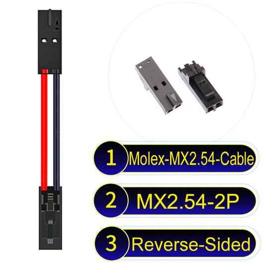 Molex MX2.54 2.54mm 2Pin Reverse-Side-Head cable, featuring a locking mechanism, 22AWG copper wire, and UL1007 PVC insulation for secure connections.