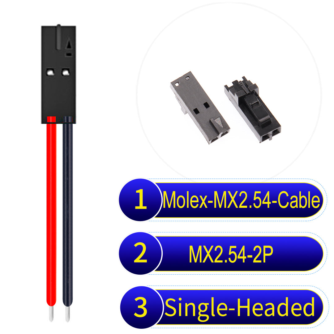 Molex MX2.54 2.54mm 2Pin Single-Headed cable, 22AWG copper wire, UL1007 PVC insulation, perfect for secure connections in electronics and industrial use.