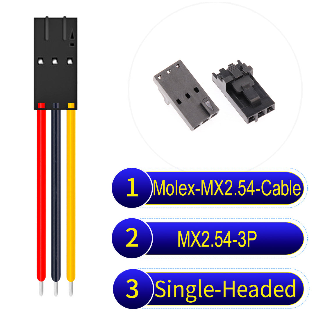 Molex MX2.54 2.54mm 3Pin Single-Headed cable, 22AWG copper wire, UL1007 PVC insulation, perfect for secure connections in electronics and industrial use.