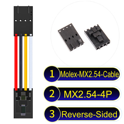 Molex MX2.54 2.54mm 4Pin Reverse-Side-Head cable, featuring a locking mechanism, 22AWG copper wire, and UL1007 PVC insulation for secure connections.