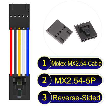 Molex MX2.54 2.54mm 5Pin Reverse-Side-Head cable, featuring a locking mechanism, 22AWG copper wire, and UL1007 PVC insulation for secure connections.