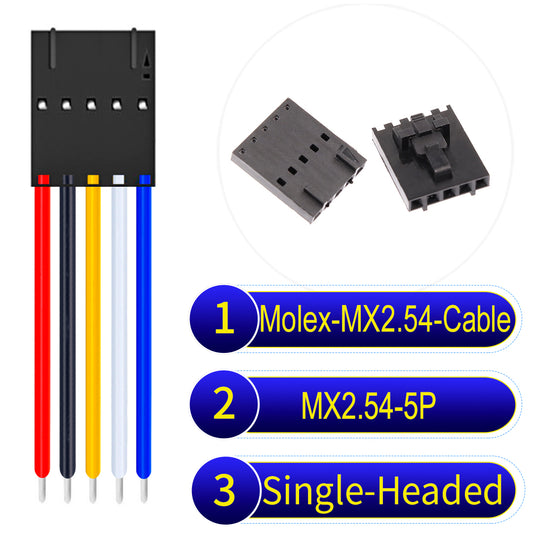 Molex MX2.54 2.54mm 5Pin Single-Headed cable, 22AWG copper wire, UL1007 PVC insulation, perfect for secure connections in electronics and industrial use.
