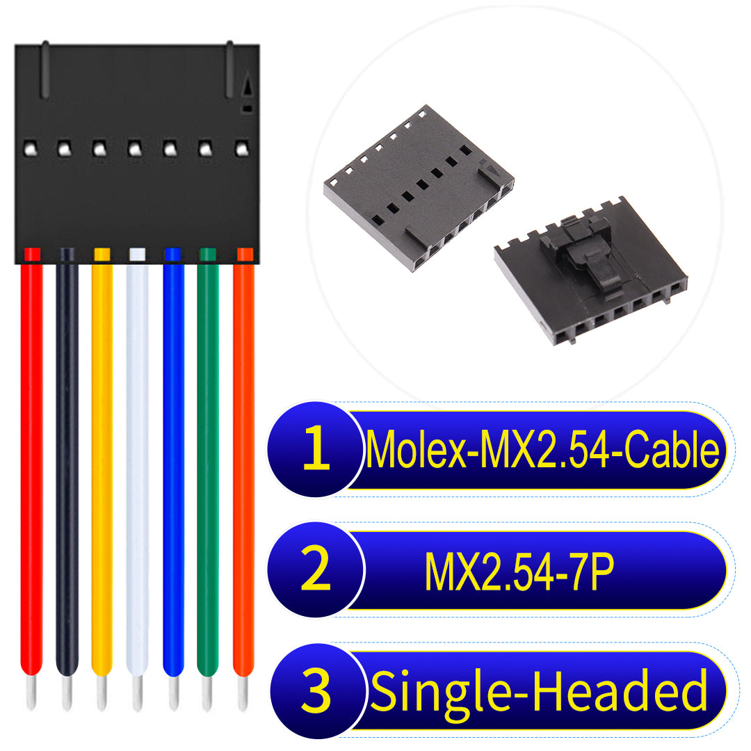 Molex MX2.54 2.54mm 7Pin Single-Headed cable, 22AWG copper wire, UL1007 PVC insulation, perfect for secure connections in electronics and industrial use.