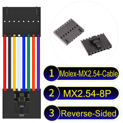 Molex MX2.54 2.54mm 8Pin Reverse-Side-Head cable, featuring a locking mechanism, 22AWG copper wire, and UL1007 PVC insulation for secure connections.