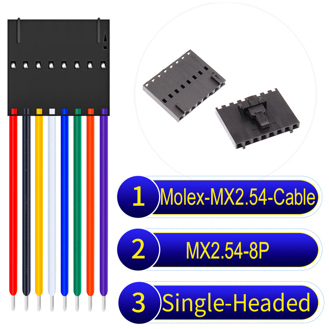 Molex MX2.54 2.54mm 8Pin Single-Headed cable, 22AWG copper wire, UL1007 PVC insulation, perfect for secure connections in electronics and industrial use.