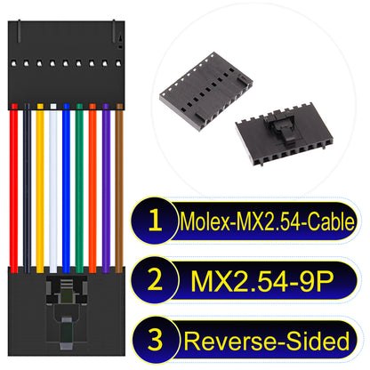 Molex MX2.54 2.54mm 9Pin Reverse-Side-Head cable, featuring a locking mechanism, 22AWG copper wire, and UL1007 PVC insulation for secure connections.