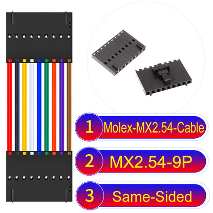 Molex MX2.54 2.54mm 9Pin Same-Side-Head cable, featuring a locking mechanism, 22AWG copper wire, and UL1007 PVC insulation for secure connections.