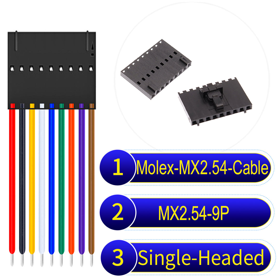 Molex MX2.54 2.54mm 9Pin Single-Headed cable, 22AWG copper wire, UL1007 PVC insulation, perfect for secure connections in electronics and industrial use.