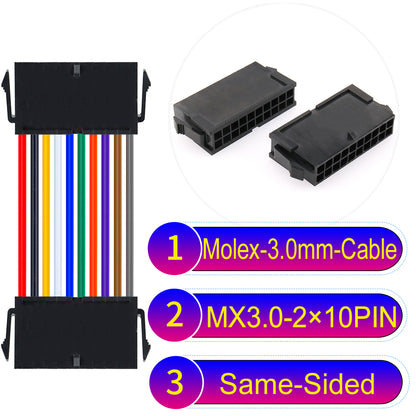 Molex MX3.0mm Dual Row 2¡Á10Pin Female Same-Side-Head Micro-Fit cable, 22AWG UL1007-certified PVC, perfect for secure and durable connections in various applications.