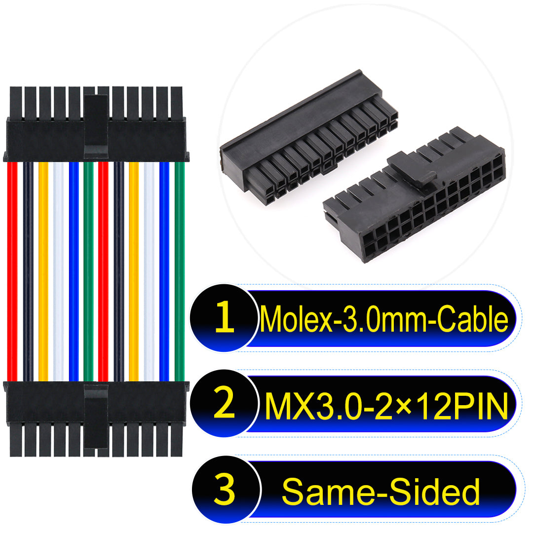 Molex MX3.0mm Dual Row 2¡Á12Pin Male Same-Side-Head Micro-Fit cable, 22AWG UL1007-certified PVC, perfect for secure and durable connections in various applications.