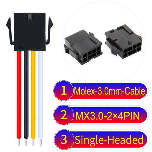 Molex MX3.0mm Dual Row 2¡Á4Pin Female Single-Headed Micro-Fit cable, 22AWG UL1007-certified PVC, perfect for secure and durable connections in various applications.