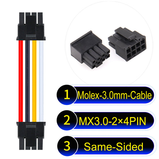 Molex MX3.0mm Dual Row 2¡Á4Pin Male Same-Side-Head Micro-Fit cable, 22AWG UL1007-certified PVC, perfect for secure and durable connections in various applications.