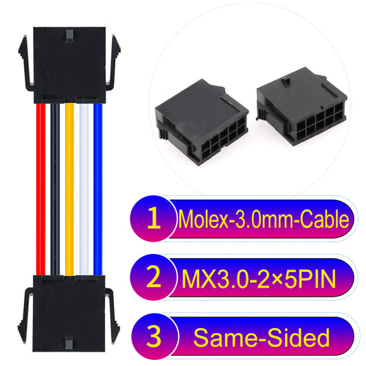 Molex MX3.0mm Dual Row 2¡Á5Pin Female Same-Side-Head Micro-Fit cable, 22AWG UL1007-certified PVC, perfect for secure and durable connections in various applications.