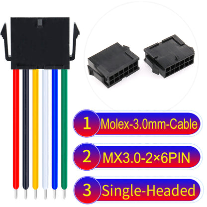 Molex MX3.0mm Dual Row 2¡Á6Pin Female Single-Headed Micro-Fit cable, 22AWG UL1007-certified PVC, perfect for secure and durable connections in various applications.