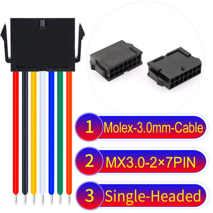 Molex MX3.0mm Dual Row 2¡Á7Pin Female Single-Headed Micro-Fit cable, 22AWG UL1007-certified PVC, perfect for secure and durable connections in various applications.