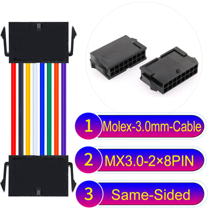 Molex MX3.0mm Dual Row 2¡Á8Pin Female Same-Side-Head Micro-Fit cable, 22AWG UL1007-certified PVC, perfect for secure and durable connections in various applications.