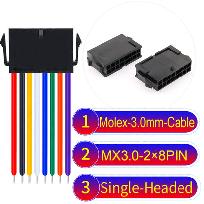 Molex MX3.0mm Dual Row 2¡Á8Pin Female Single-Headed Micro-Fit cable, 22AWG UL1007-certified PVC, perfect for secure and durable connections in various applications.