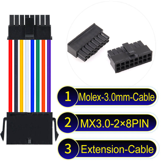 Molex MX3.0mm Dual Row 2¡Á8Pin Male Female Extension Micro-Fit cable, 22AWG UL1007-certified PVC, perfect for secure and durable connections in various applications.