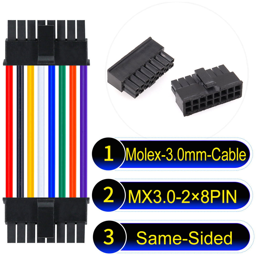 Molex MX3.0mm Dual Row 2¡Á8Pin Male Same-Side-Head Micro-Fit cable, 22AWG UL1007-certified PVC, perfect for secure and durable connections in various applications.