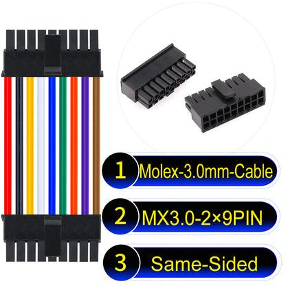 Molex MX3.0mm Dual Row 2¡Á9Pin Male Same-Side-Head Micro-Fit cable, 22AWG UL1007-certified PVC, perfect for secure and durable connections in various applications.