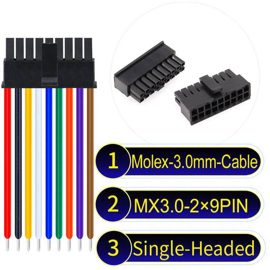 High-quality Molex MX3.0mm Dual Row 2¡Á9Pin Male single-headed Micro-Fit cable with 22AWG PVC, compatible with multiple devices.