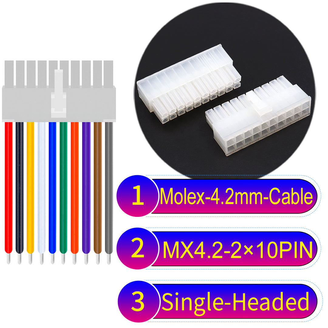 Molex MX4.2mm Dual Row 2×10Pin Mini-Fit Jr Male Single-Headed Cable, 18AWG UL1007 PVC-certified material, perfect for efficient and durable connections.