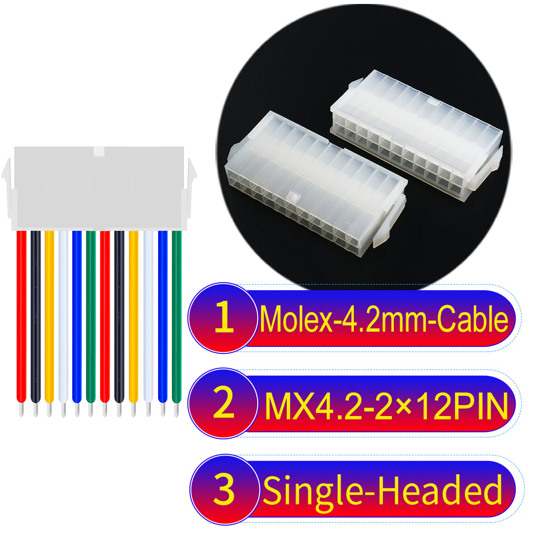 High-quality Molex MX4.2mm Dual Row 2×12Pin Mini-Fit Jr Female single-headed cable with 18AWG PVC, ideal for various devices.