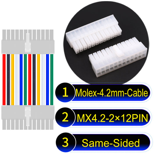 Molex MX4.2mm Dual Row 2×12Pin Mini-Fit Jr Male Same-Side-Head Cable, 18AWG UL1007 PVC-certified material, perfect for efficient and durable connections.