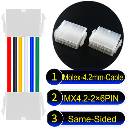 Molex MX4.2mm Dual Row 2×6Pin Mini-Fit Jr Female Same-Side-Head Cable, 18AWG UL1007 PVC-certified material, perfect for efficient and durable connections.