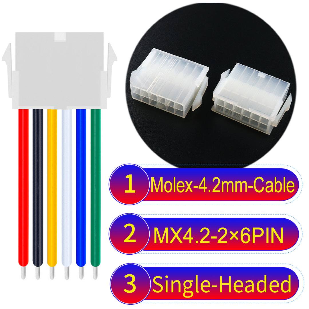 High-quality Molex MX4.2mm Dual Row 2×6Pin Mini-Fit Jr Female single-headed cable with 18AWG PVC, ideal for various devices.